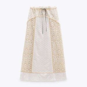 Zara Limited Edition Embroidered Eyelet Beige and White Midi Skirt